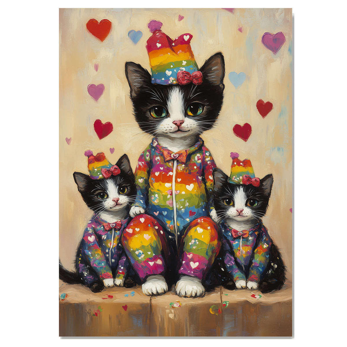 Chic Oil Painting of Mother Texudo Cat and Kittens in Pink Rose Outfits with Hearts and Hats on Beige Background for Cat Lovers and Gift Ideas on Ready to Hang 1.5" Thick Canvas Wrap, Floating Framed Canvas, Flat Rolled Canvas
