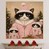 Tuxedo Cat Family in Blue Snowflake Outfits with Presents and Snowy Trees in a Magical Winter Scene Filled with Christmas Cheer and Charm