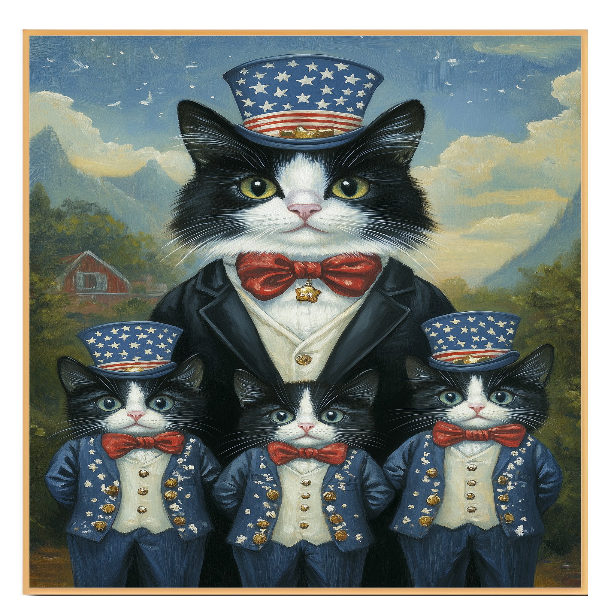 Mother Tuxedo Cat and Three Kittens in Patriotic Uncle Sam Outfits with Stars and Bow Ties in Farm Country Setting on Ready to Hang 1.5" Thick Canvas Wrap, Floating Framed Canvas, Flat Rolled Canvas