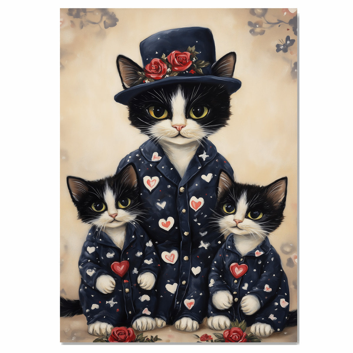 Mother Cat and Kittens in Elegant Navy Dresses with Red Hearts and Roses Whimsical Black and White Tuxedo Cat Family Portrait on Ready to Hang 1.5" Thick Canvas Wrap, Floating Framed Canvas, Flat Rolled Canvas