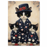 Mother Cat and Kittens in Elegant Navy Dresses with Red Hearts and Roses Whimsical Black and White Tuxedo Cat Family Portrait on Ready to Hang 1.5" Thick Canvas Wrap, Floating Framed Canvas, Flat Rolled Canvas