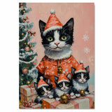 Tuxedo Cat Family in Green Santa Outfits with Christmas Gifts and Trees in a Magical Winter Scene with Sparkling Snowflakes and Festive Charm