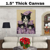 Tuxedo Cat Family in Blue Santa Outfits Surrounded by Snowy Trees and Gifts in a Magical Winter Wonderland Scene Full of Holiday Cheer