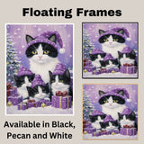 Tuxedo Cat Family in Pink Pajamas and Hats Standing by Christmas Trees and Gifts in a Cozy Festive Scene with Holiday Charm and Warmth