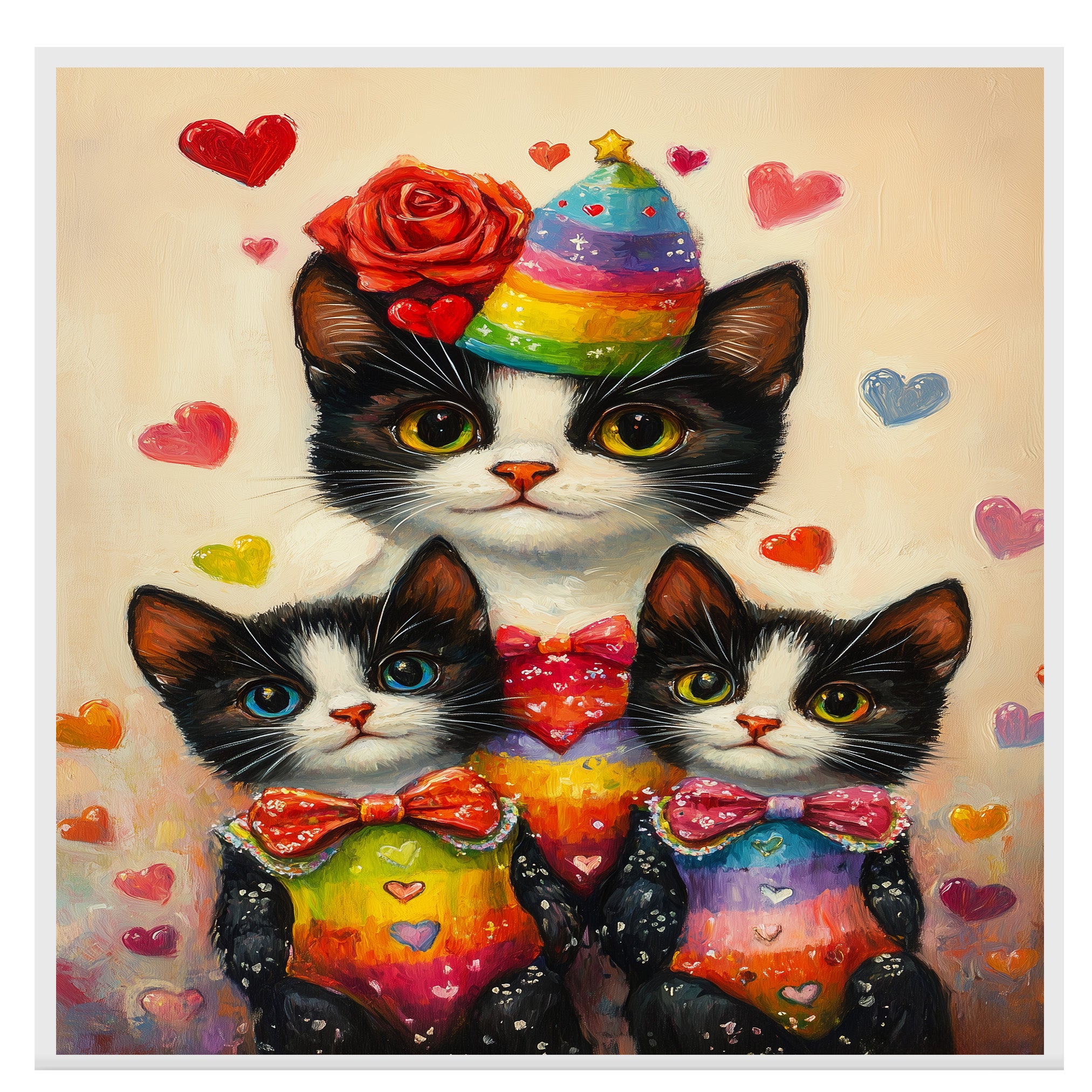 Charming Oil Painting of Mother Cat and Kittens in Floral Outfits with Hearts on Beige Background for Cat Lovers and Pet Art Fans on Ready to Hang 1.5" Thick Canvas Wrap, Floating Framed Canvas, Flat Rolled Canvas