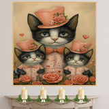 Mother Cat and Kittens in Playful Purple Outfits with Heart and Cat Patterns Whimsical Black and White Tuxedo Cat Family Portrait on Ready to Hang 1.5" Thick Canvas Wrap, Floating Framed Canvas, Flat Rolled Canvas