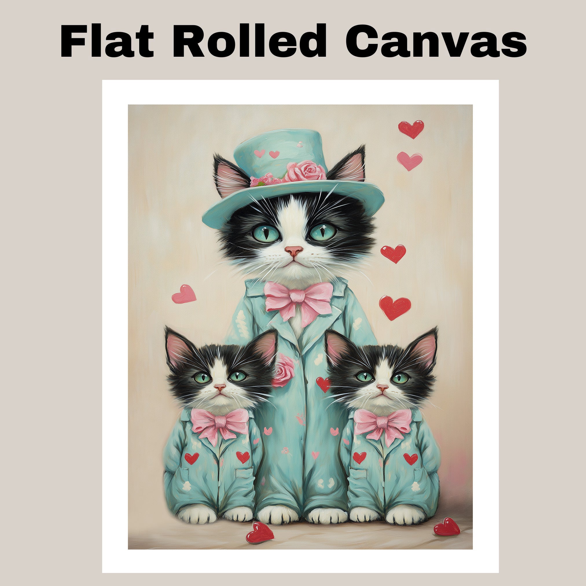 Charming Mother Cat with Kittens in Pink Floral Outfits Whimsical Tuxedo Cat Art for Nursery and Cat Lovers on Ready to Hang 1.5" Thick Canvas Wrap, Floating Framed Canvas, Flat Rolled Canvas