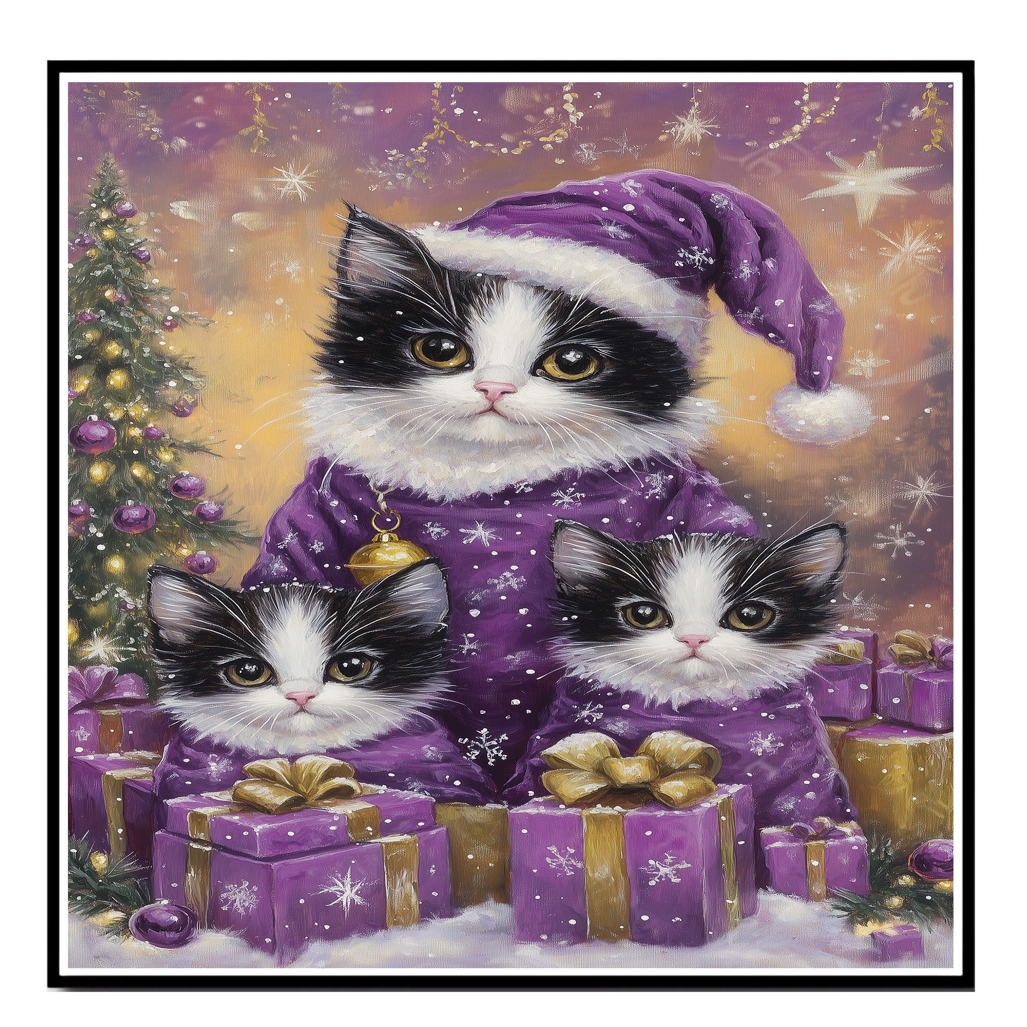 Adorable Tuxedo Cat Family in Matching Purple Pajamas and Hats with Floral Details in a Cozy Whimsical Scene Perfect for Cat Lovers