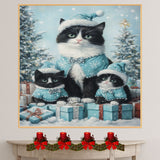Tuxedo Cat Family in Light Pink Pajamas and Hats Surrounded by Christmas Gifts and Trees in a Heartwarming Winter Scene Full of Holiday Joy