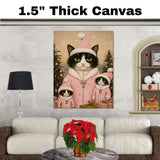 Tuxedo Cat Family in Blue Snowflake Outfits with Presents and Snowy Trees in a Magical Winter Scene Filled with Christmas Cheer and Charm