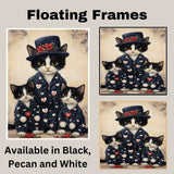 Mother Cat and Kittens in Elegant Navy Dresses with Red Hearts and Roses Whimsical Black and White Tuxedo Cat Family Portrait on Ready to Hang 1.5" Thick Canvas Wrap, Floating Framed Canvas, Flat Rolled Canvas