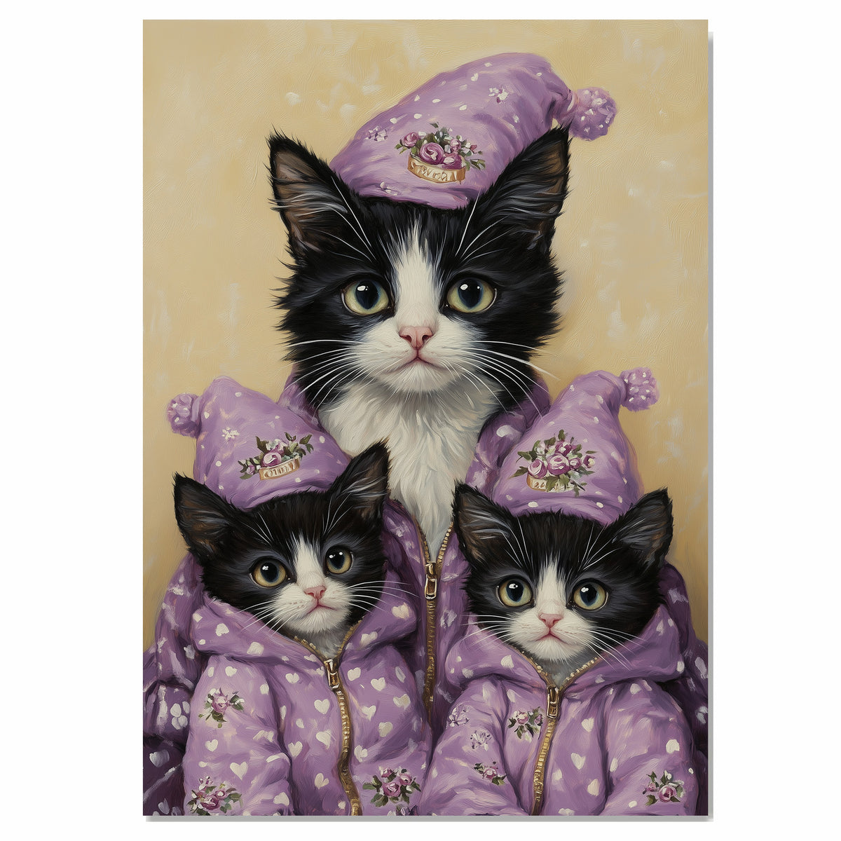 Tuxedo Cat Family in Blue Santa Outfits Surrounded by Snowy Trees and Gifts in a Magical Winter Wonderland Scene Full of Holiday Cheer