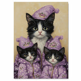 Tuxedo Cat Family in Blue Santa Outfits Surrounded by Snowy Trees and Gifts in a Magical Winter Wonderland Scene Full of Holiday Cheer