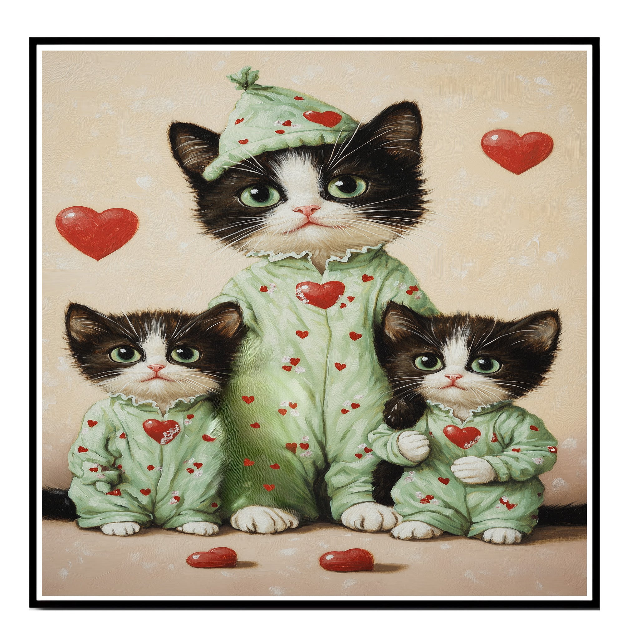 Mother Cat and Kittens in Pink Pajamas with Heart Hats and Floral Details Whimsical Black and White Tuxedo Cat Family on Ready to Hang 1.5" Thick Canvas Wrap, Floating Framed Canvas, Flat Rolled Canvas