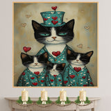 Mother Cat and Kittens in Teal Heart Outfits Charming Tuxedo Cat Family Artwork Whimsical Vintage Style for Cat Lovers on Ready to Hang 1.5" Thick Canvas Wrap, Floating Framed Canvas, Flat Rolled Canvas