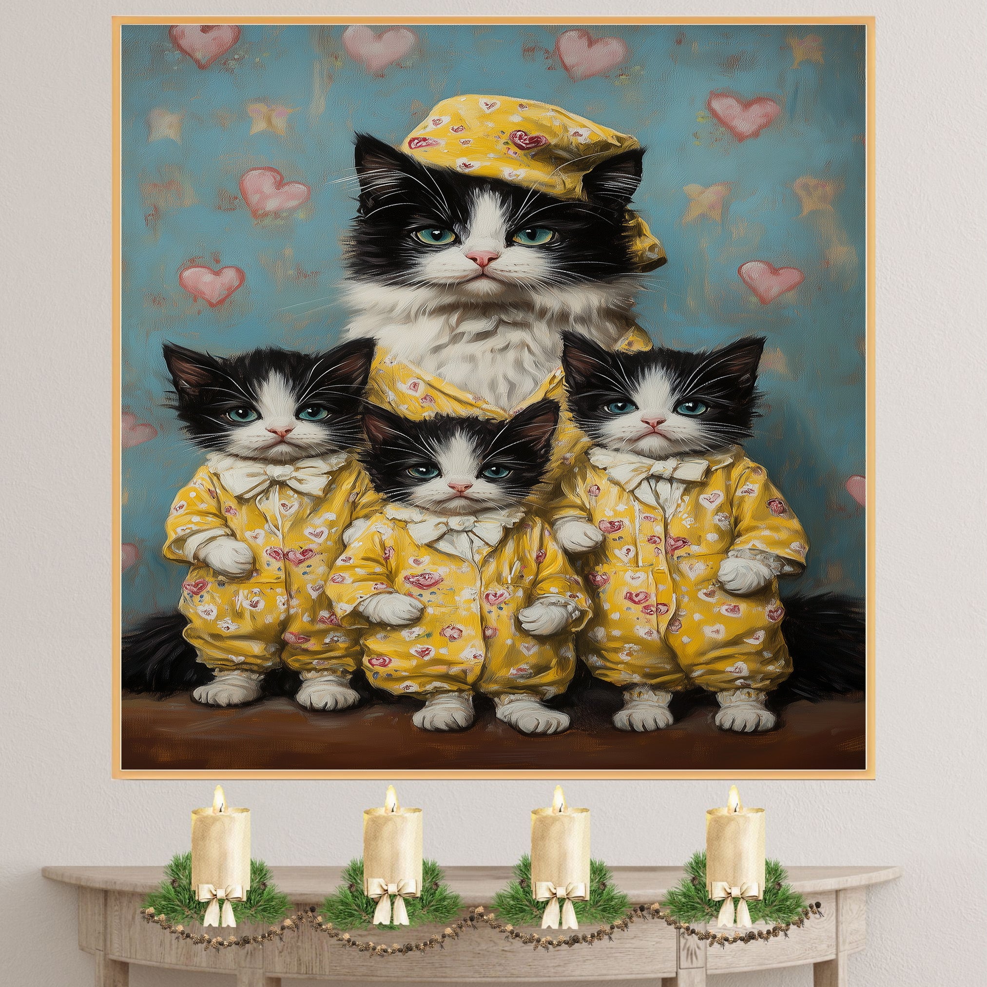 Elegant Oil Painting of Mother Cat and Kittens in Heart Outfits with Floral Hat on Warm Background for Cat Lovers and Pet Fans on Ready to Hang 1.5" Thick Canvas Wrap, Floating Framed Canvas, Flat Rolled Canvas
