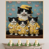 Elegant Oil Painting of Mother Cat and Kittens in Heart Outfits with Floral Hat on Warm Background for Cat Lovers and Pet Fans on Ready to Hang 1.5" Thick Canvas Wrap, Floating Framed Canvas, Flat Rolled Canvas