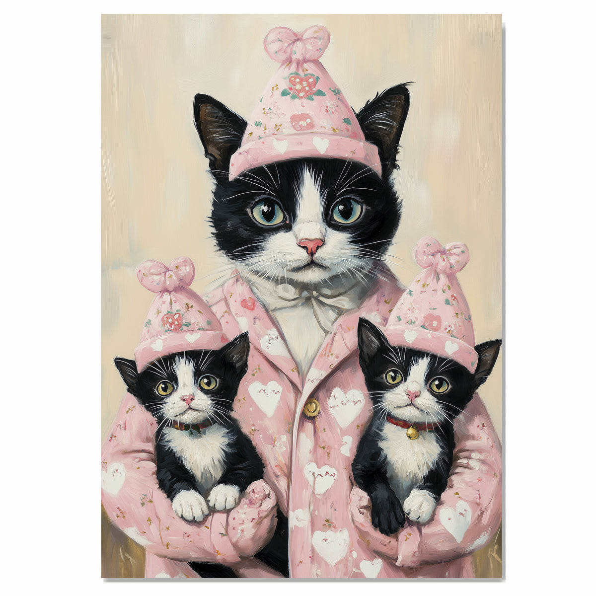 Mother Cat and Kittens in Pink Heart Outfits Tuxedo Cat Family Painting for Valentine's Day and Cat Lovers Home Decor on Ready to Hang 1.5" Thick Canvas Wrap, Floating Framed Canvas, Flat Rolled Canvas