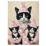 Mother Cat and Kittens in Pink Heart Outfits Tuxedo Cat Family Painting for Valentine's Day and Cat Lovers Home Decor on Ready to Hang 1.5" Thick Canvas Wrap, Floating Framed Canvas, Flat Rolled Canvas