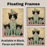 Sweet Oil Painting of Mother Texudo Cat and Kittens in Pink Heart Pajamas with Beanies on Soft Beige Background for Cat Lovers and Nursery Decor on Ready to Hang 1.5" Thick Canvas Wrap, Floating Framed Canvas, Flat Rolled Canvas