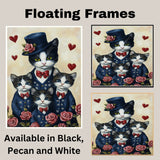 Mother Cat and Kittens in Elegant Purple Suits with Pink Roses and Hearts Whimsical Black and White Tuxedo Cat Family Portrait on Ready to Hang 1.5" Thick Canvas Wrap, Floating Framed Canvas, Flat Rolled Canvas