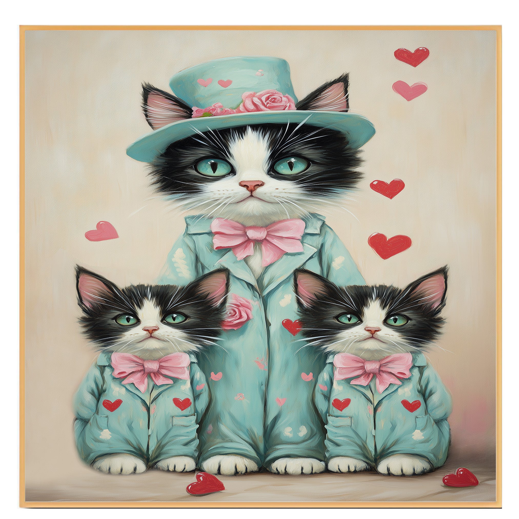Charming Mother Cat with Kittens in Pink Floral Outfits Whimsical Tuxedo Cat Art for Nursery and Cat Lovers on Ready to Hang 1.5" Thick Canvas Wrap, Floating Framed Canvas, Flat Rolled Canvas