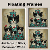 Mother Cat and Kittens in Teal Heart Outfits Charming Tuxedo Cat Family Artwork Whimsical Vintage Style for Cat Lovers on Ready to Hang 1.5" Thick Canvas Wrap, Floating Framed Canvas, Flat Rolled Canvas