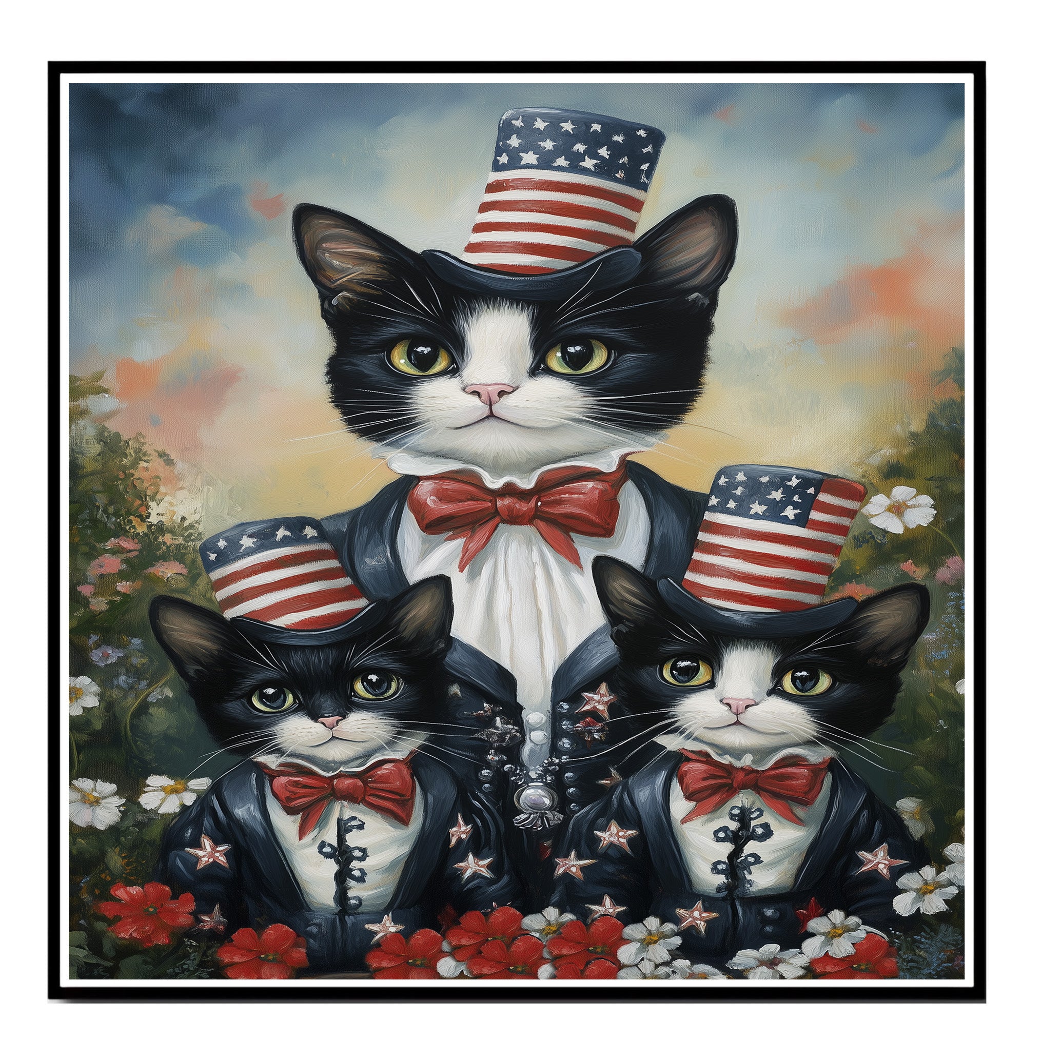 Mother Tuxedo Cat and Two Kittens in Patriotic Uncle Sam Outfits with American Flags and Red Bow Ties in Garden Setting on Ready to Hang 1.5" Thick Canvas Wrap, Floating Framed Canvas, Flat Rolled Canvas