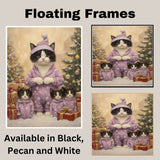 Tuxedo Cat Family in Lavender Holiday Outfits Surrounded by Snowy Trees and Christmas Gifts in a Magical Winter Wonderland Scene