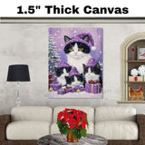 Tuxedo Cat Family in Pink Pajamas and Hats Standing by Christmas Trees and Gifts in a Cozy Festive Scene with Holiday Charm and Warmth