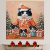 Tuxedo Cat Family in Lavender Pajamas Surrounded by Gifts and Christmas Trees in a Cozy Winter Scene with a Warm Holiday Atmosphere