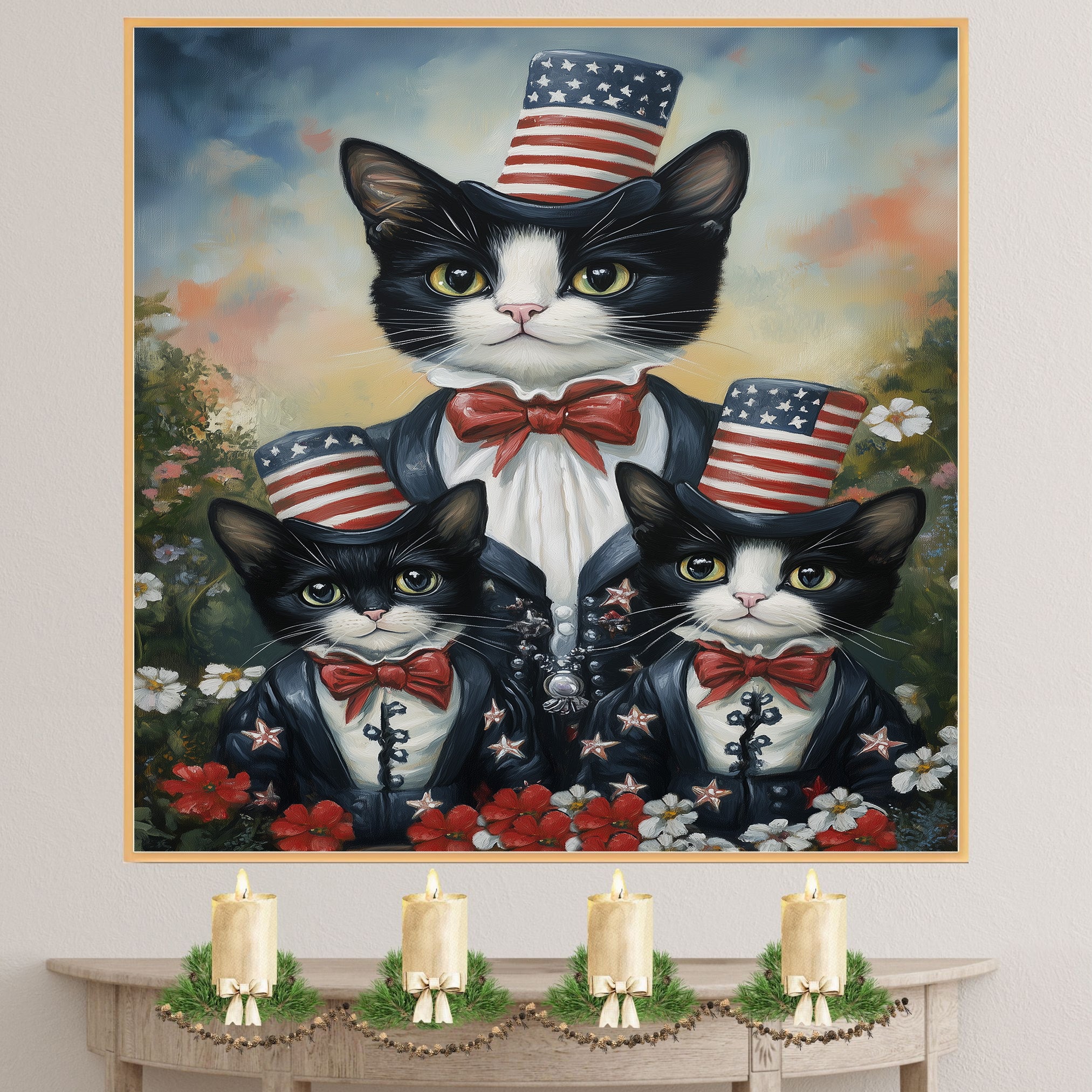 Mother Tuxedo Cat and Two Kittens in Patriotic Uncle Sam Outfits with American Flags and Red Bow Ties in Garden Setting on Ready to Hang 1.5" Thick Canvas Wrap, Floating Framed Canvas, Flat Rolled Canvas