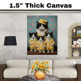 Elegant Oil Painting of Mother Cat and Kittens in Heart Outfits with Floral Hat on Warm Background for Cat Lovers and Pet Fans on Ready to Hang 1.5" Thick Canvas Wrap, Floating Framed Canvas, Flat Rolled Canvas