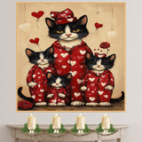 Tuxedo Cat Mother and Kittens in Red Heart Pajamas Black and White Cat Family Artwork for Cat Lovers on Ready to Hang 1.5" Thick Canvas Wrap, Floating Framed Canvas, Flat Rolled Canvas