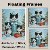 Tuxedo Cat Family in Purple Winter Hats Surrounded by Snow, Holiday Gifts, and Christmas Trees in a Magical Festive Scene with Golden Ornaments