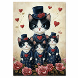 Festive Oil Painting of Mother Texudo Cat and Kittens in Green Holiday Outfits with Hearts and Snowflakes on Beige Background on Ready to Hang 1.5" Thick Canvas Wrap, Floating Framed Canvas, Flat Rolled Canvas