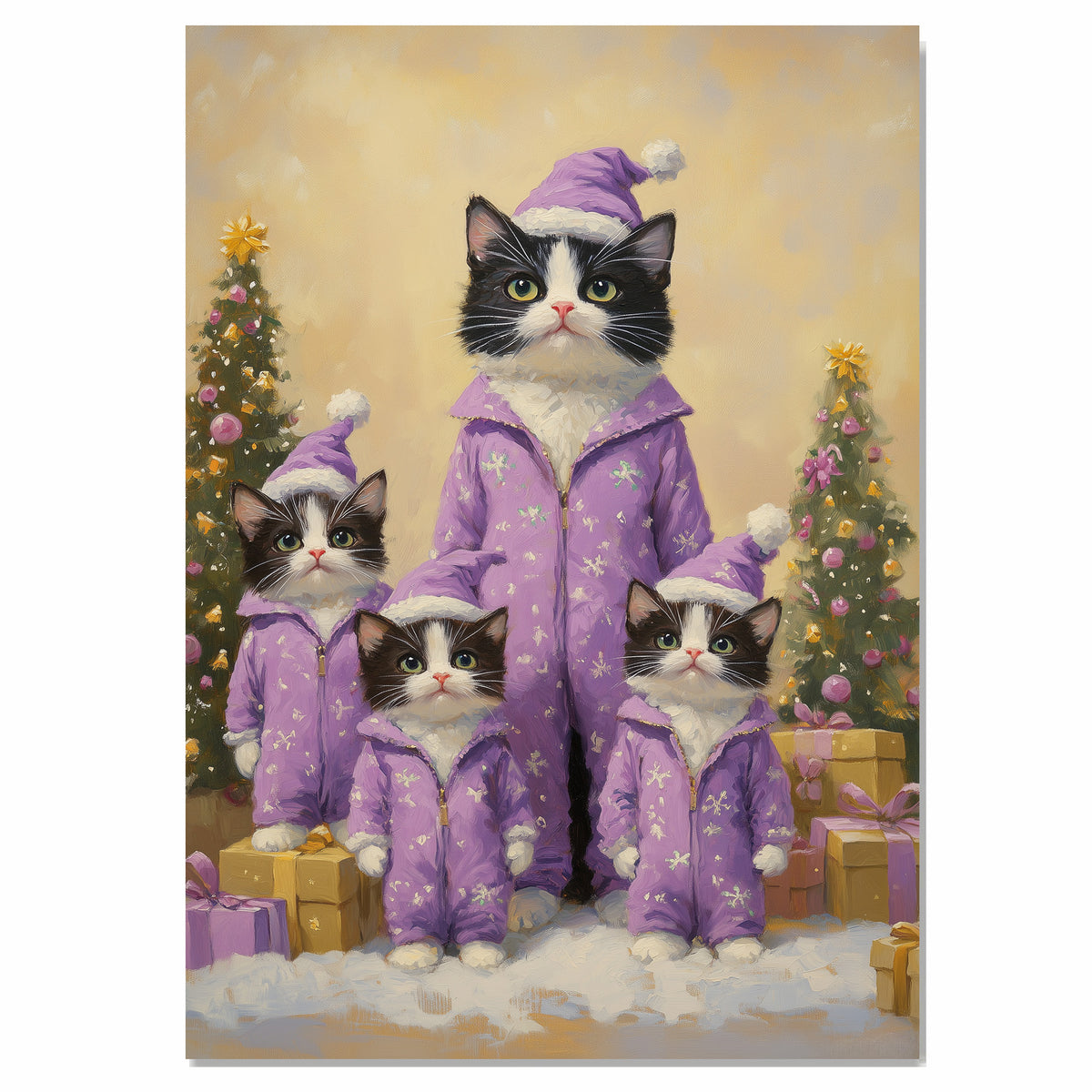 Tuxedo Cat Family in Pink Santa Outfits Surrounded by Christmas Gifts and Tree in a Whimsical Holiday Scene with Snowflakes and Festive Cheer