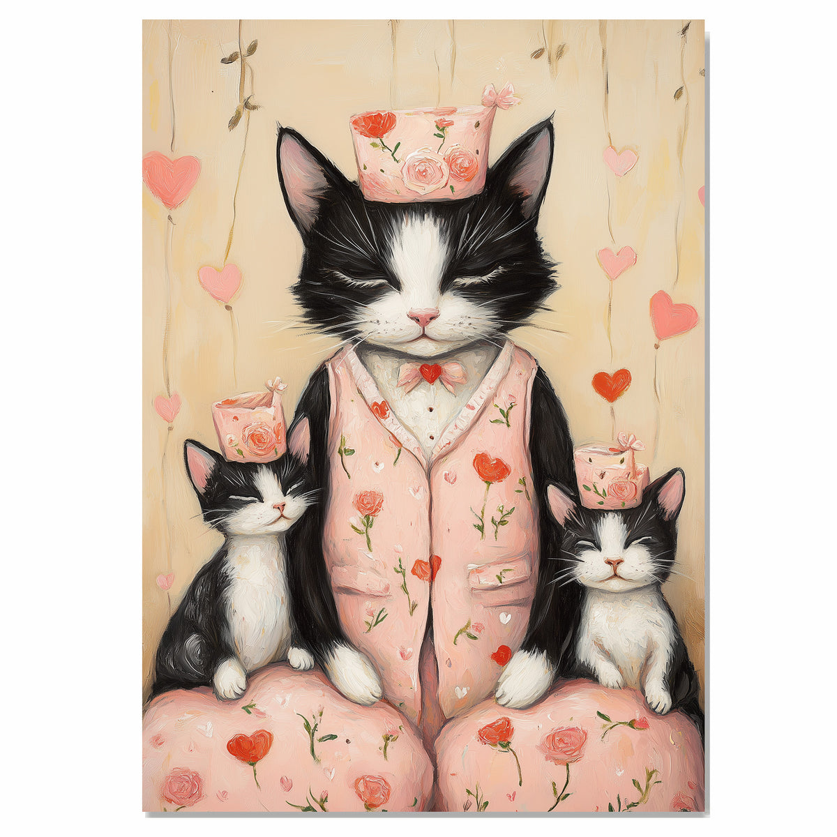 Mother Cat and Kittens Wearing Matching Blue Pajamas with Red Hearts and Flowers Black and White Tuxedo Cats on Ready to Hang 1.5" Thick Canvas Wrap, Floating Framed Canvas, Flat Rolled Canvas