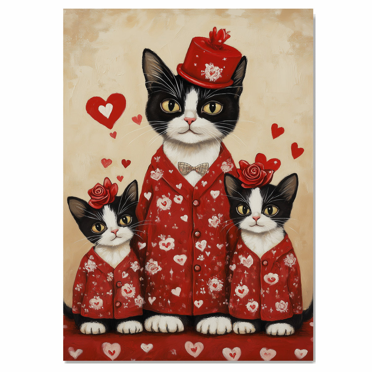 Mother Cat and Kittens in Red Outfits with Hearts Tuxedo Cat Family Artwork for Valentine's and Cat Lovers Decor on Ready to Hang 1.5" Thick Canvas Wrap, Floating Framed Canvas, Flat Rolled Canvas