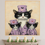 Mother Texudo Cat with Kittens in Blue Outfits Holding Hearts Vintage Style Artwork for Cat Lovers on Ready to Hang 1.5" Thick Canvas Wrap, Floating Framed Canvas, Flat Rolled Canvas