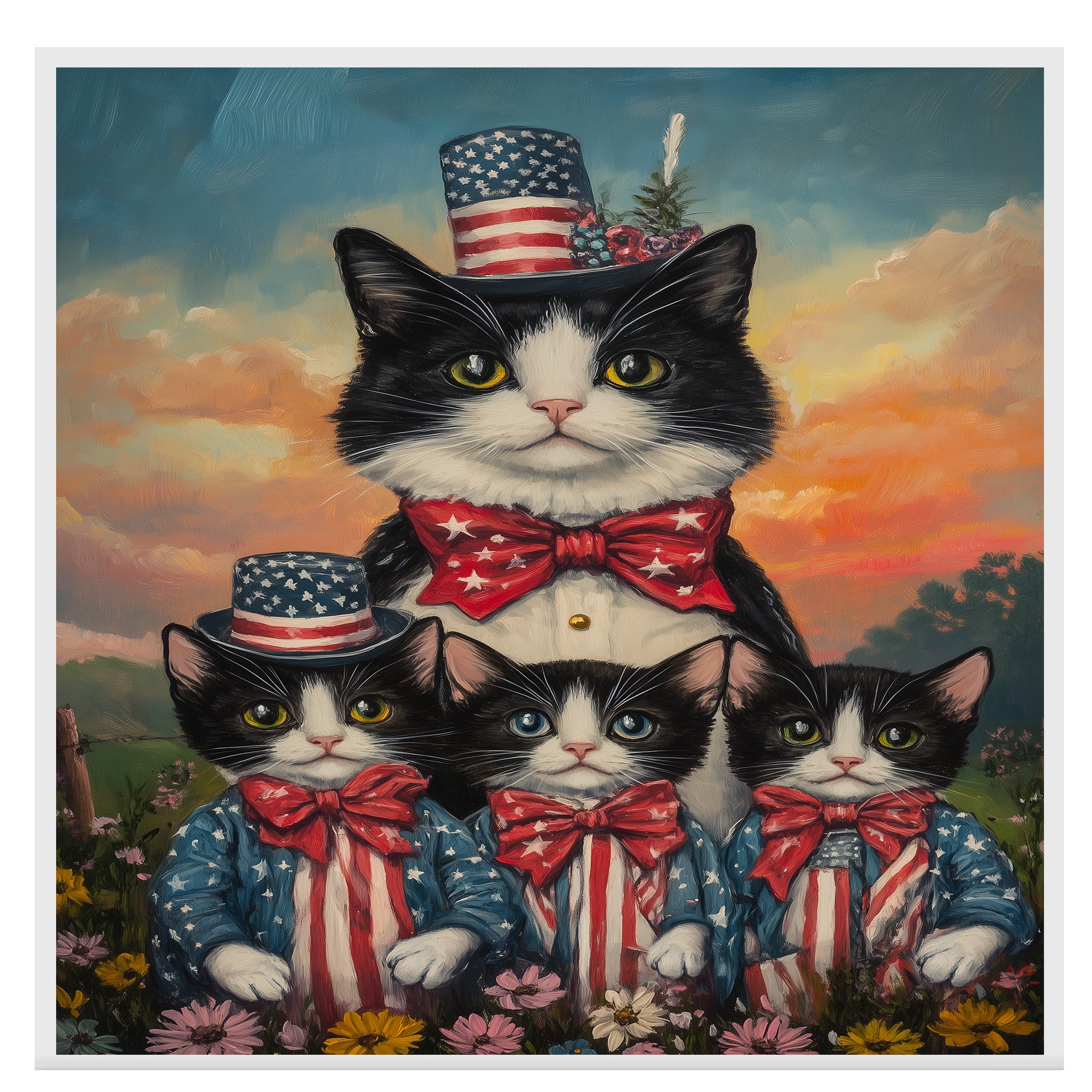 Mother Black and White Tuxedo Cat with Three Kittens in Patriotic Outfits and Hats in a Sunset Flower Field Scene on Ready to Hang 1.5" Thick Canvas Wrap, Floating Framed Canvas, Flat Rolled Canvas