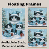 Tuxedo Cat Family in Pink Winter Coats and Hats Surrounded by Christmas Trees and Gifts in a Cozy Holiday Scene with Snowflakes and Warm Charm