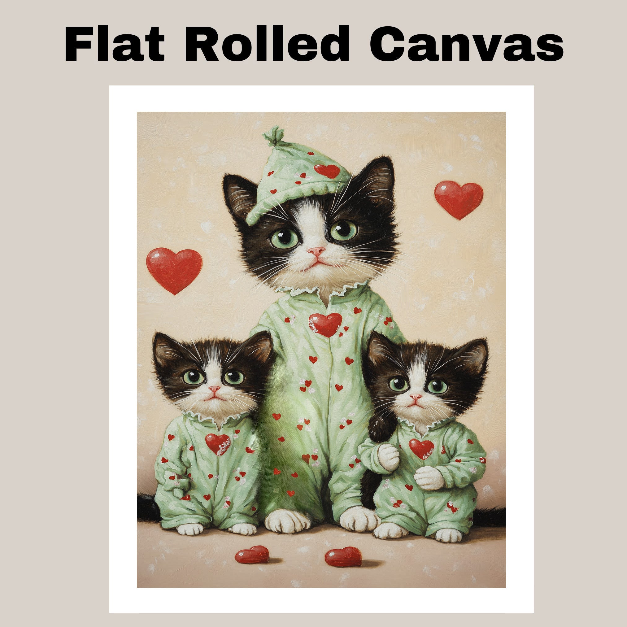 Mother Cat and Kittens in Pink Pajamas with Heart Hats and Floral Details Whimsical Black and White Tuxedo Cat Family on Ready to Hang 1.5" Thick Canvas Wrap, Floating Framed Canvas, Flat Rolled Canvas