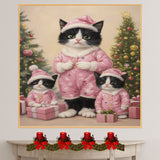 Tuxedo Cat Family in Blue Fur-Trimmed Coats Surrounded by Christmas Trees and Gifts in a Snowy Holiday Scene with Winter Magic and Cheer