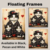 Festive Oil Painting of Mother Texudo Cat and Kittens in Rainbow Heart Pajamas and Party Hats on Light Background for Cat Lovers on Ready to Hang 1.5" Thick Canvas Wrap, Floating Framed Canvas, Flat Rolled Canvas