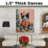 Tuxedo Cat Family in Green Santa Outfits with Christmas Gifts and Trees in a Magical Winter Scene with Sparkling Snowflakes and Festive Charm