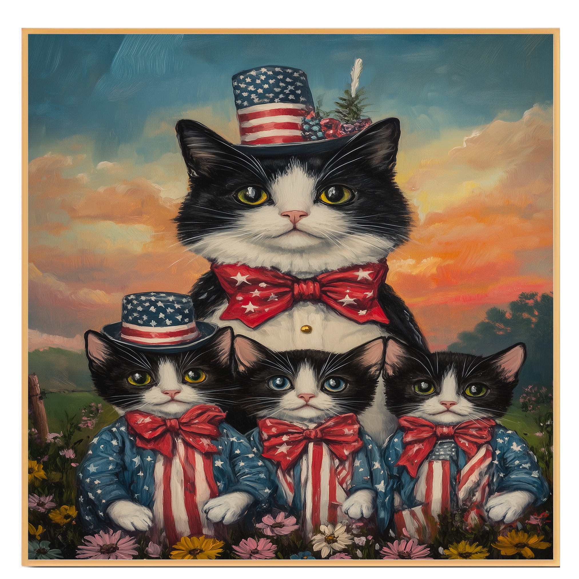 Mother Black and White Tuxedo Cat with Three Kittens in Patriotic Outfits and Hats in a Sunset Flower Field Scene on Ready to Hang 1.5" Thick Canvas Wrap, Floating Framed Canvas, Flat Rolled Canvas