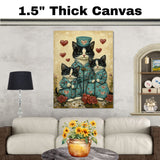 Mother Cat and Kittens in Teal Outfits with Red Hearts Whimsical Tuxedo Cat Family Artwork for Cat Lovers and Valentine's Decor on Ready to Hang 1.5" Thick Canvas Wrap, Floating Framed Canvas, Flat Rolled Canvas
