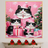 Tuxedo Cat Family in Sparkling Purple Outfits Surrounded by Christmas Trees and Gifts in a Magical Winter Wonderland Holiday Scene