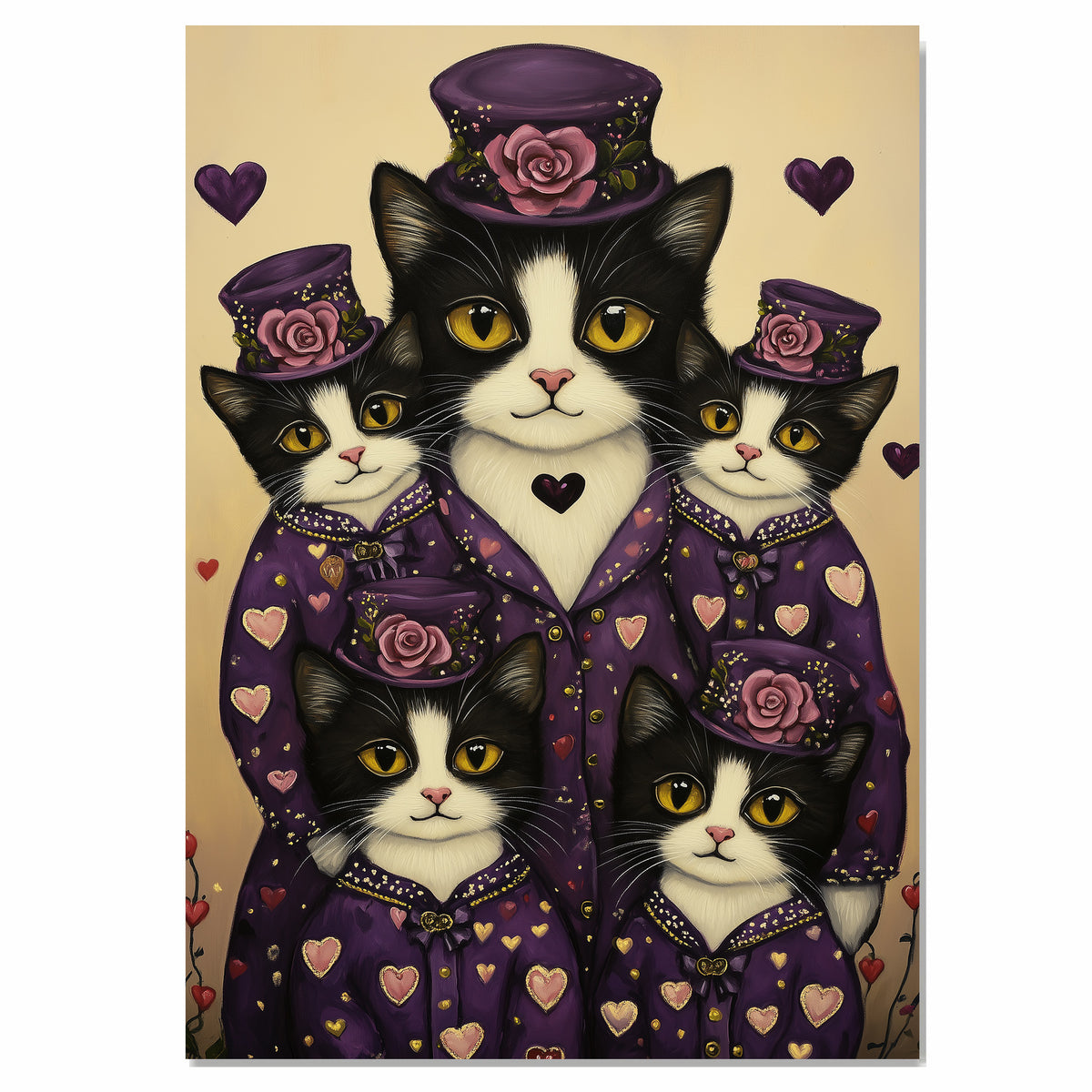 Mother Texudo Cat and Kittens in Pink Dresses with Hats Black and White Cats Surrounded by Hearts on Ready to Hang 1.5" Thick Canvas Wrap, Floating Framed Canvas, Flat Rolled Canvas